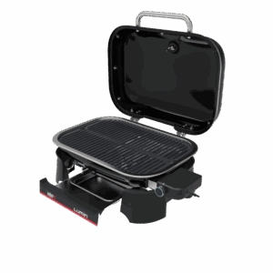 Weber Lumin grill elettrico nero con coperchio aperto e griglia. Grill elettrico compatto per balcone e terrazza.
