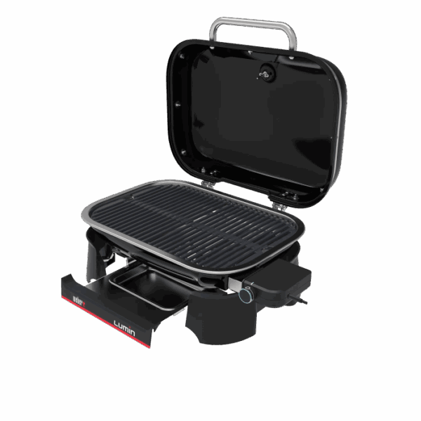Weber Lumin grill elettrico nero con coperchio aperto e griglia. Grill elettrico compatto per balcone e terrazza.