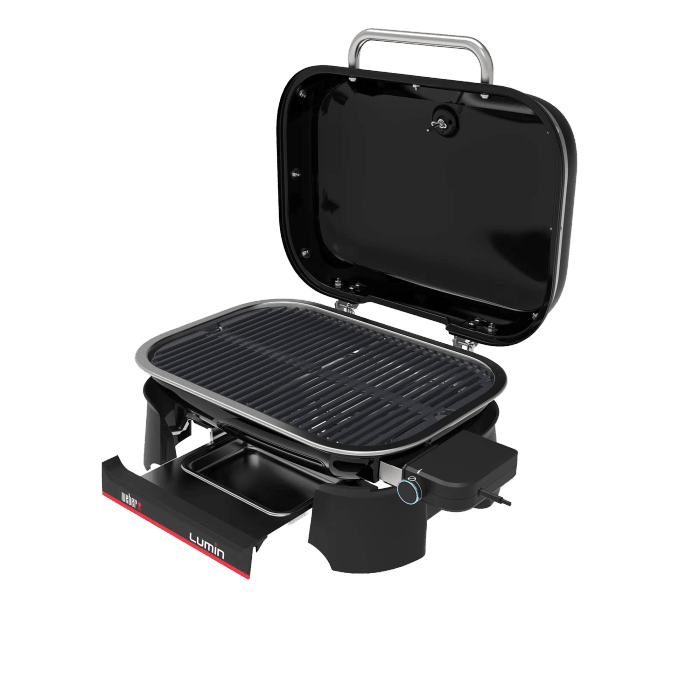 Weber Lumin grill elettrico nero con coperchio aperto e griglia. Grill elettrico compatto per balcone e terrazza.