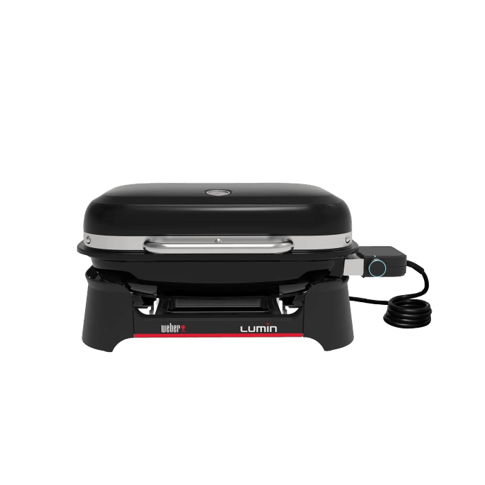 Weber Lumin grill elettrico, barbecue da tavolo nero con coperchio e controllo temperatura.