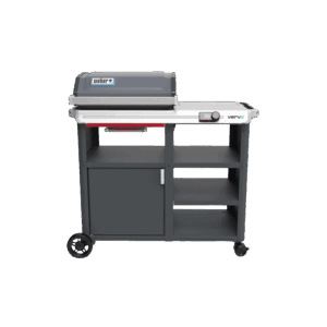 Weber Verve Smart grill elettrico grigio con carrello, armadio e ripiani.