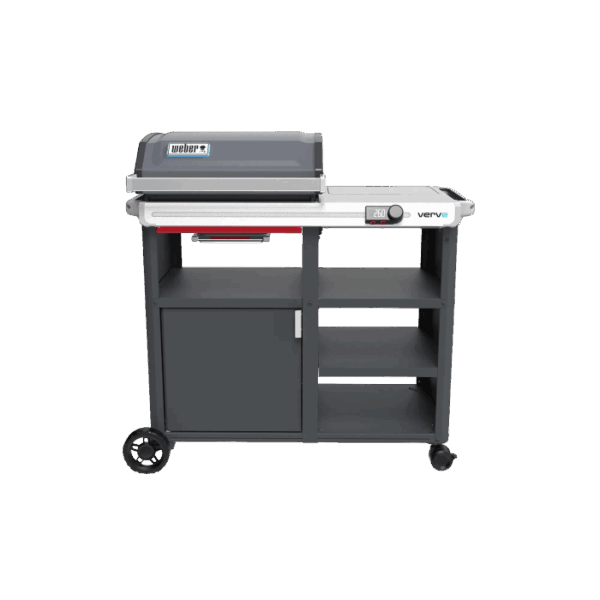 Weber Verve Smart grill elettrico grigio con carrello, armadio e ripiani.