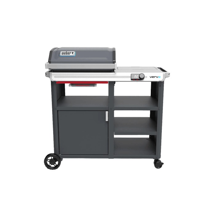 Weber Verve Smart grill elettrico grigio con carrello, armadio e ripiani.