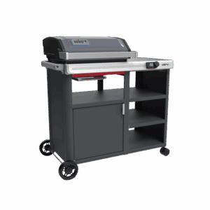 Weber Verve Smart barbecue elettrico grigio con mobile, ripiani e display digitale.