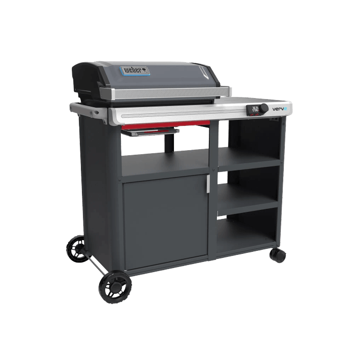 Weber Verve Smart barbecue elettrico grigio con mobile, ripiani e display digitale.