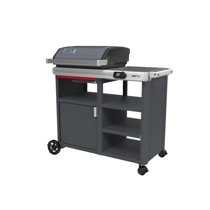 Grill elettrico Weber Verve Smart grigio con armadio e ripiani.