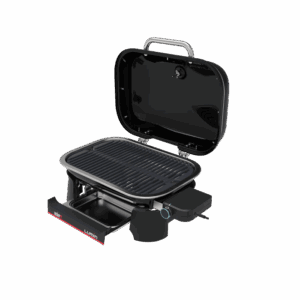 Weber Lumin Compact barbecue elettrico, nero, con coperchio aperto e griglia.