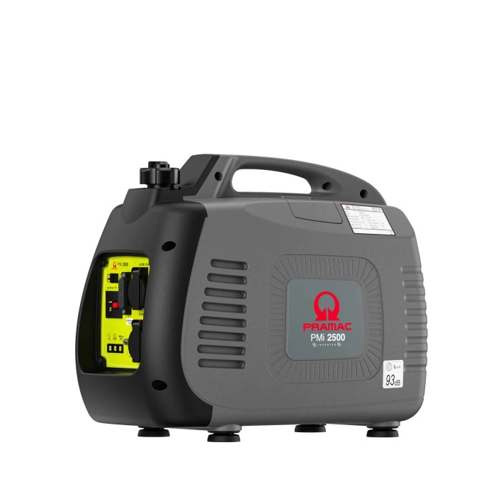 Generatore di corrente t.b.t. grigio con maniglia.