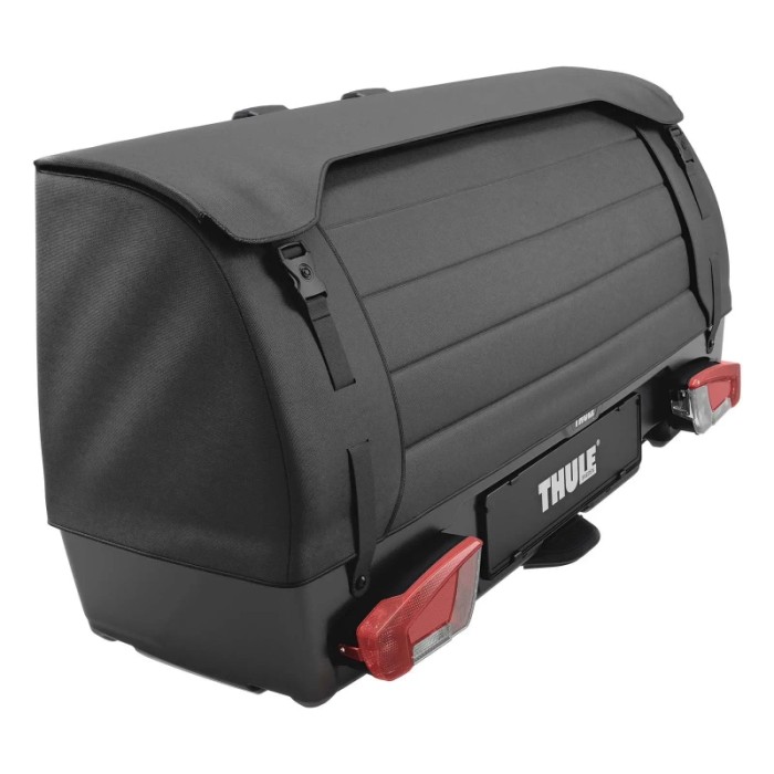 Box da trasporto Thule nera per gancio traino, accessorio per un trasporto sicuro.