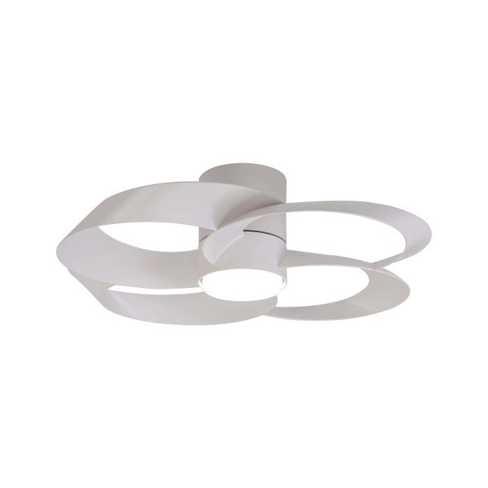 Ventilatore da soffitto bianco con pale curve e luce LED integrata.