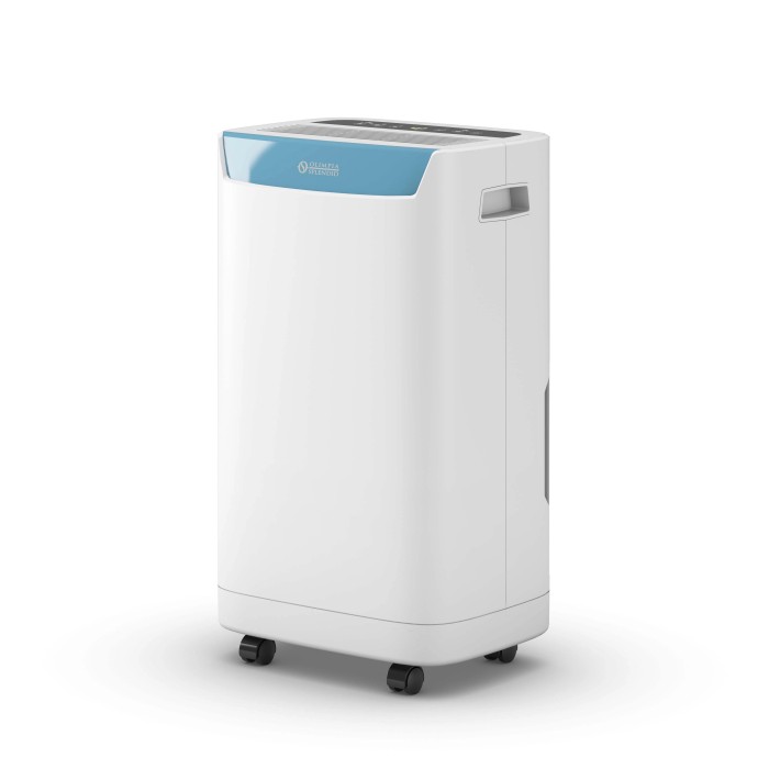 Deumidificatore bianco con dettagli blu e ruote.