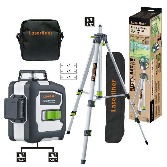 Set laser 3D Laserliner con treppiede e borsa. Ideale per l'allineamento. Strumento di misura per misurazioni precise.