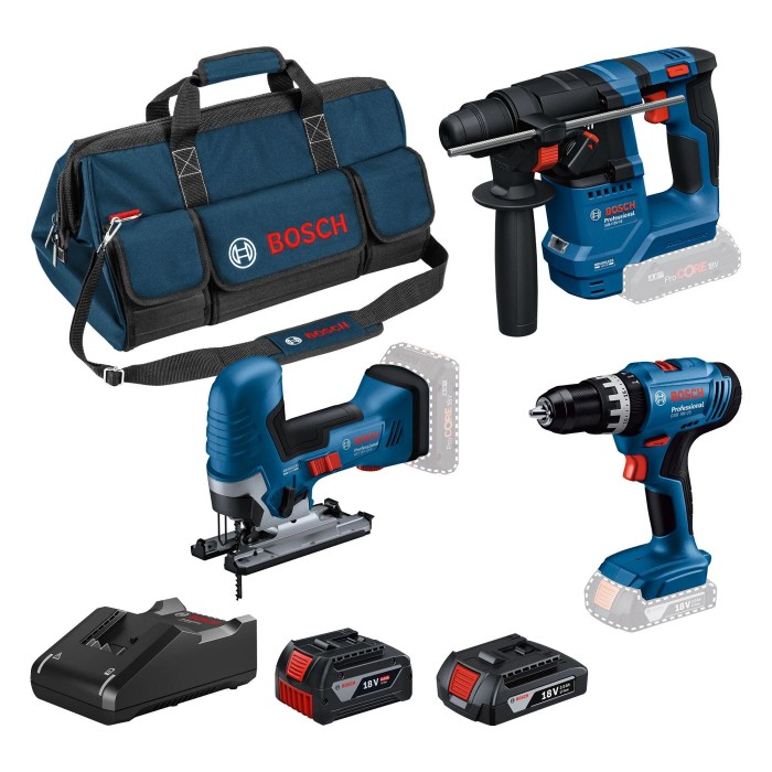 Kit Bosch Professional 18V con trapano avvitatore, seghetto alternativo, martello perforatore, 2 batterie e caricabatterie.