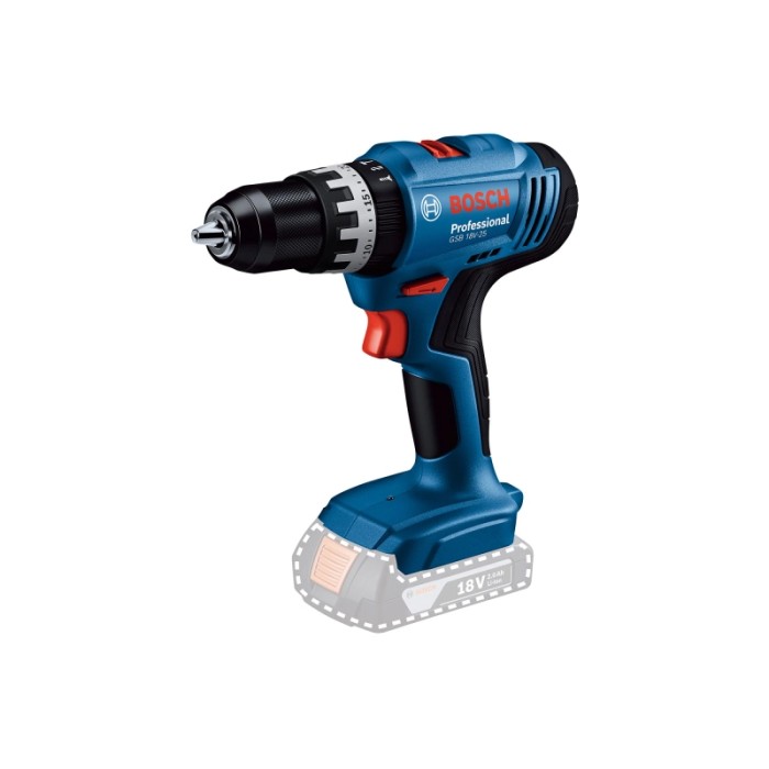 Trapano avvitatore a percussione a batteria Bosch Professional GSB 18V-25, blu, con mandrino. Parte del set di utensili a batteria da 18V.