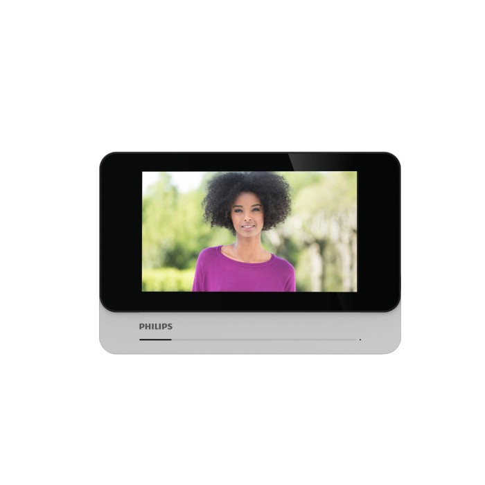 Citofono Philips con monitor e donna sullo schermo.