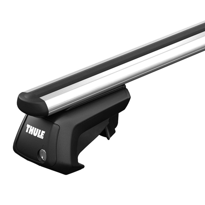 Barre portatutto Thule per trasporto sicuro. Barra argento con supporto nero.