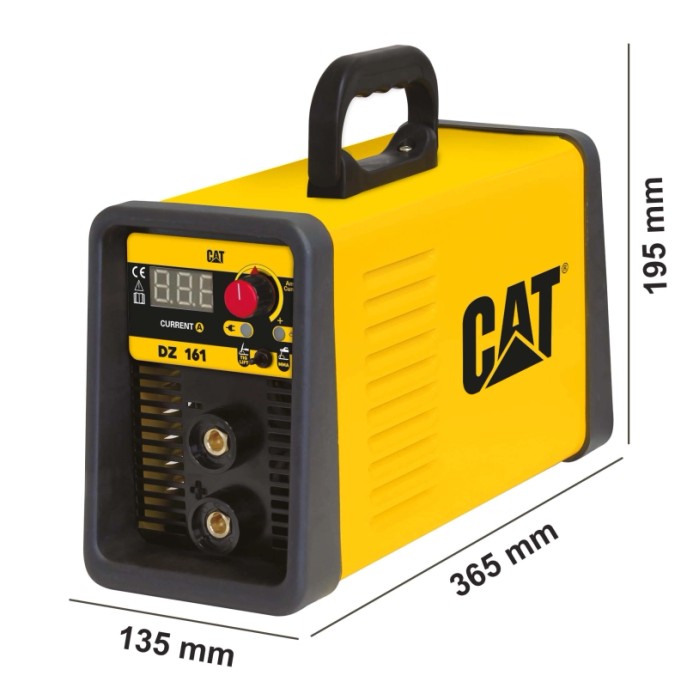 Saldatrice gialla CAT DZ 161 con dimensioni. Saldatrice inverter compatta per hobbisti e professionisti.