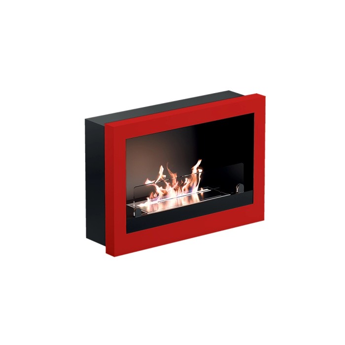Camino decorativo t.b.t. con cornice rossa e fiamme.