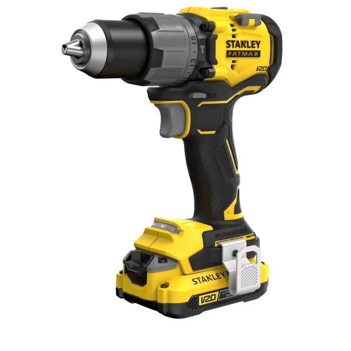 Trapano avvitatore a batteria Stanley Fatmax V20 giallo e nero. Potente e versatile per avvitare e forare.