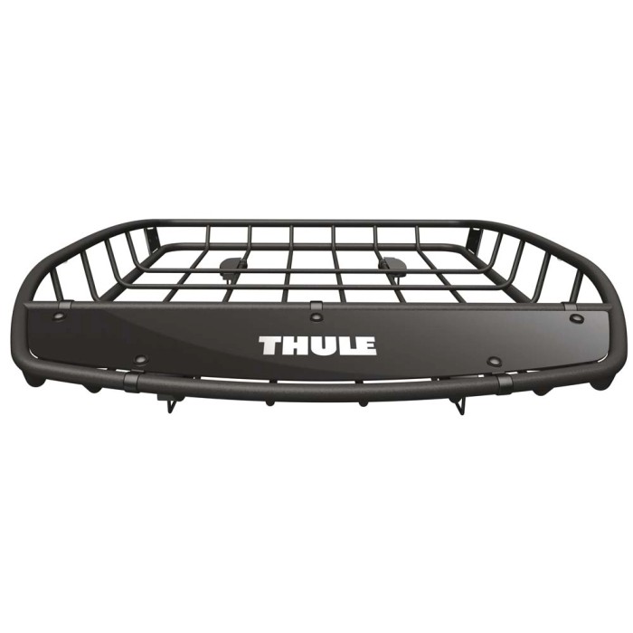 Portapacchi Thule nero per trasporto auto, robusto e spazioso.