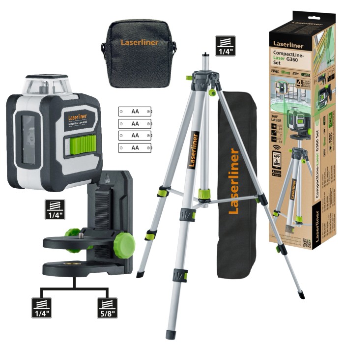 Set laser a linee Laserliner CompactLine-Laser G360 con treppiede, supporto e borsa.