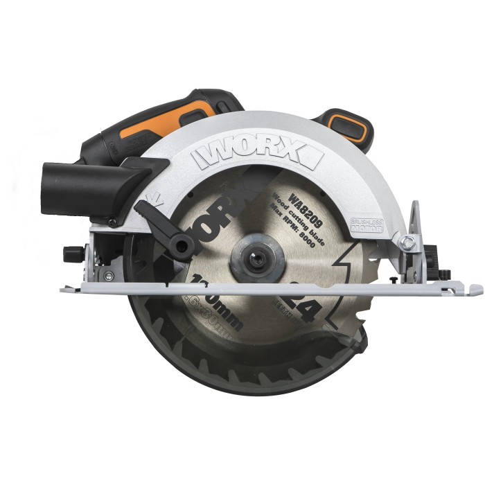 Sega circolare a batteria Worx WX520.9 20V, ideale per segare il legno. Design compatto con lama argentata.