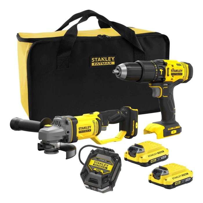 Set utensili a batteria Stanley Fatmax: trapano avvitatore, smerigliatrice angolare, caricabatterie e batterie in borsa.