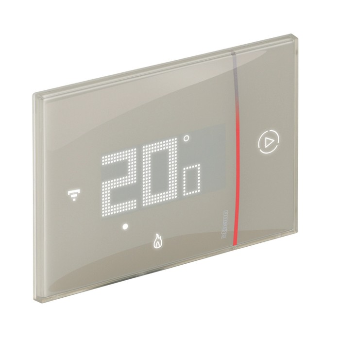 Cronotermostato digitale t.b.t. con superficie in vetro e display della temperatura.