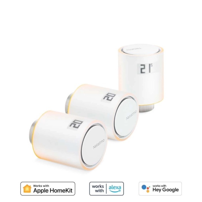 Termostati smart per radiatori Netatmo, set da 3 per Domotica, compatibili con Apple HomeKit, Alexa e Google Assistant.