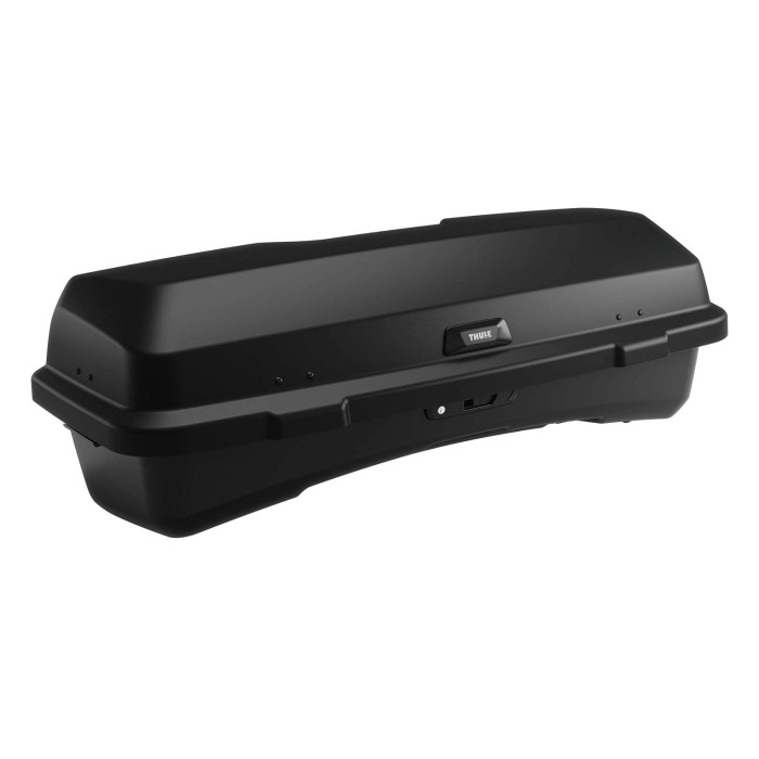 Box da tetto nera per trasporto auto, accessori per più spazio di stivaggio in viaggio.