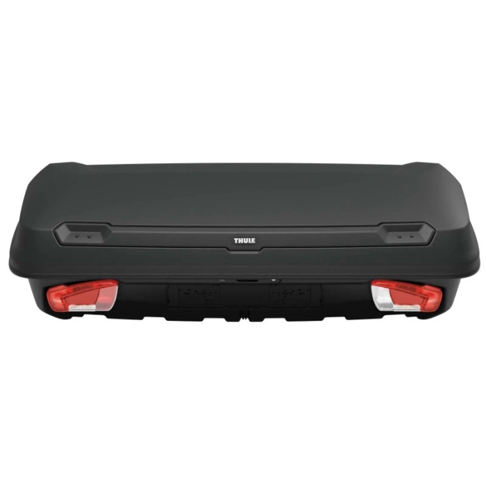 Box da tetto Thule nera per portapacchi auto, accessorio per il trasporto.