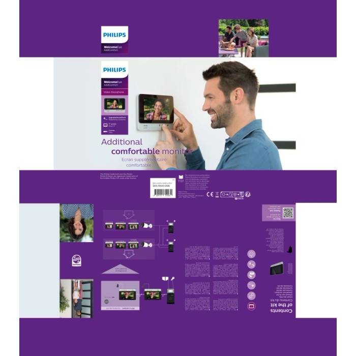 Confezione di un set citofonico Philips. Include monitor, telecamera e accessori.
