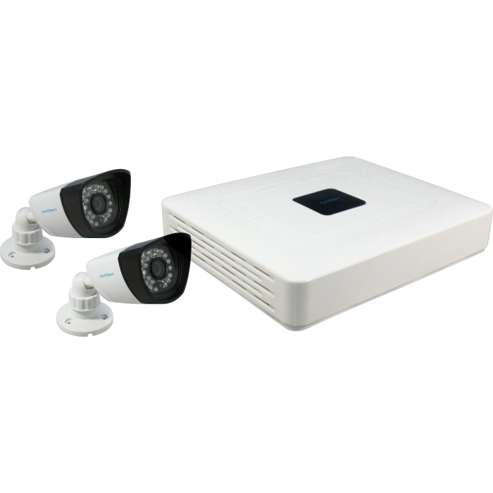 Kit videosorveglianza t.b.t. con due telecamere e dispositivo di registrazione.