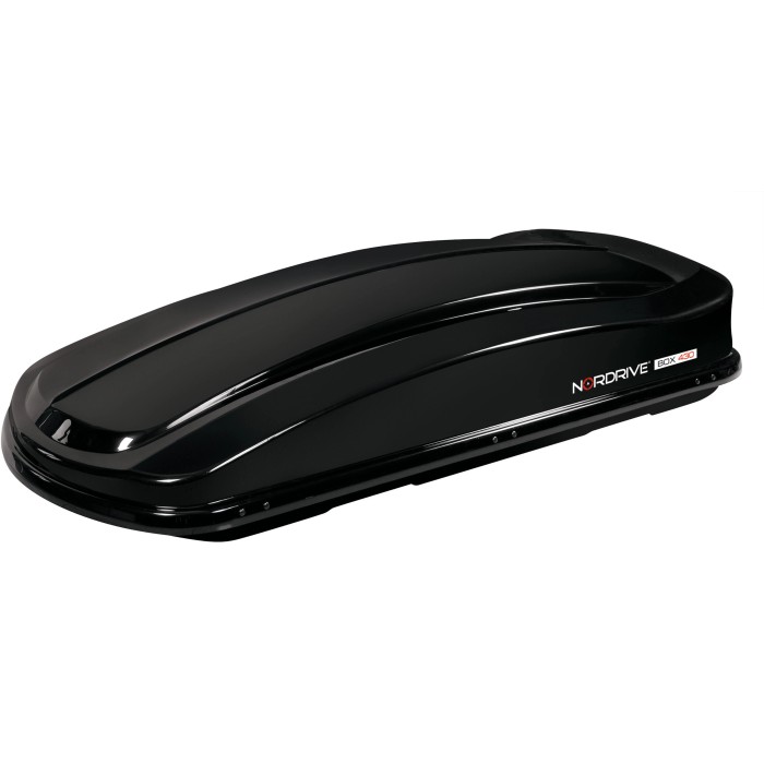 Box da tetto nero Nordrive per il trasporto, vista laterale.