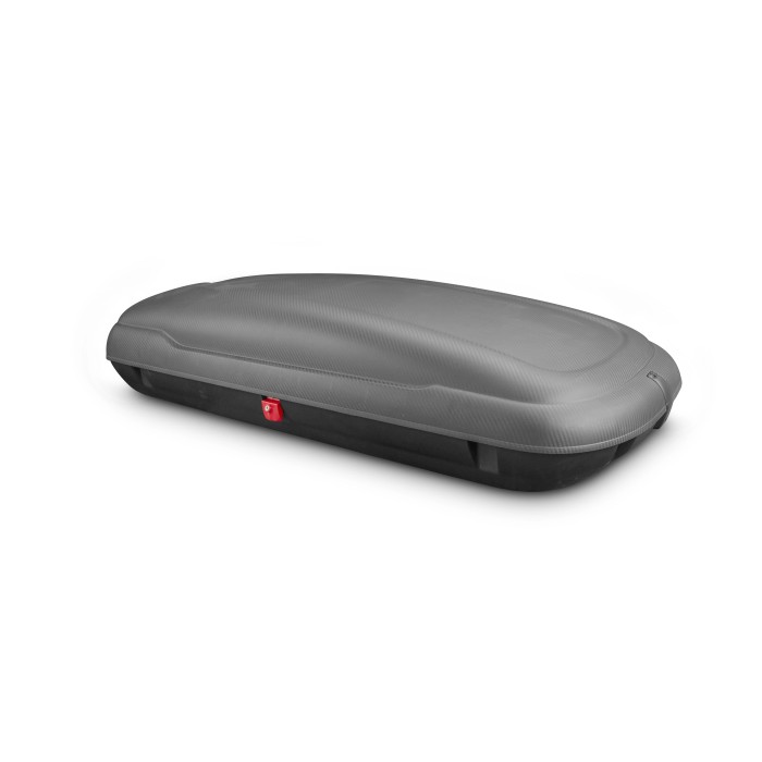 Box da tetto grigio per trasporto auto, accessorio per viaggi e vacanze.