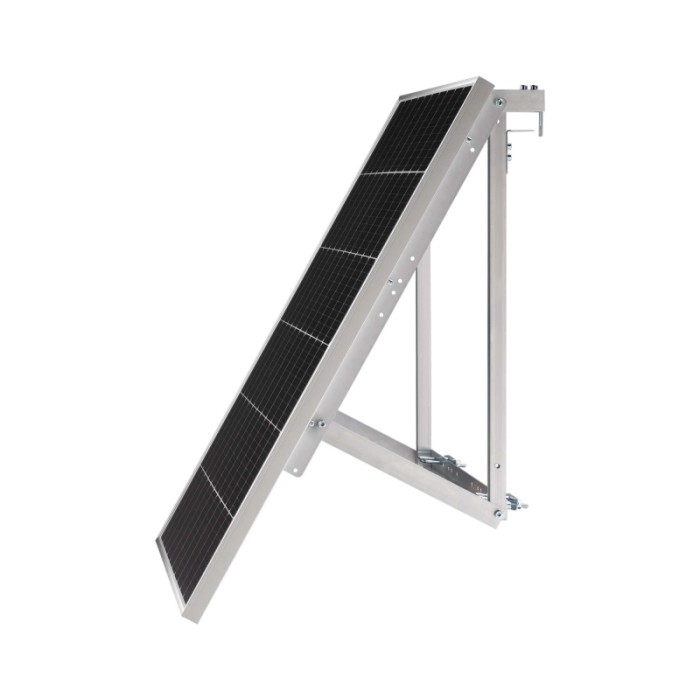 Pannello solare da balcone con telaio argento per montaggio su ringhiera.