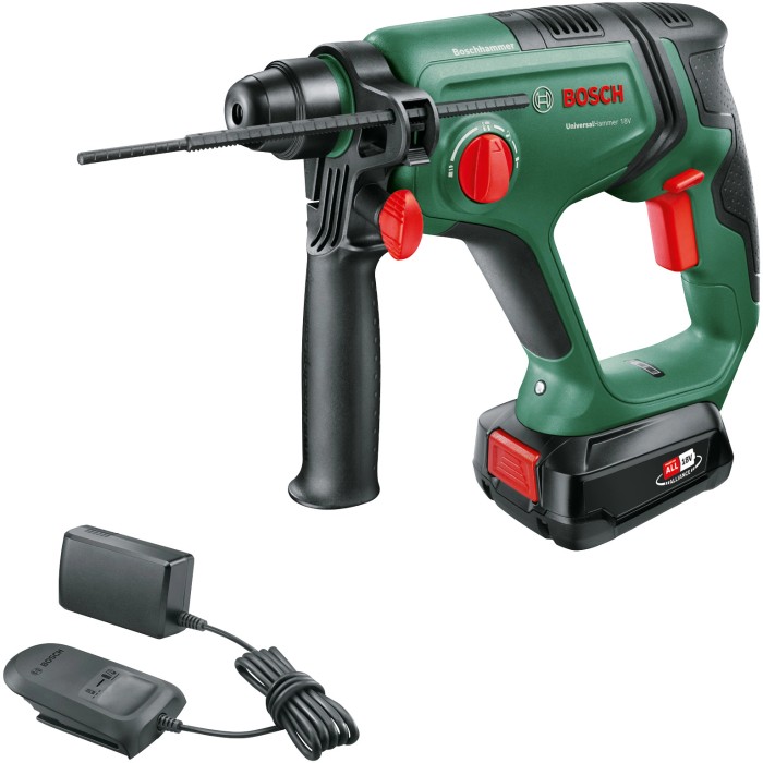 Tassellatore a batteria Bosch UniversalHammer 18V con batteria, caricabatterie e valigetta.
