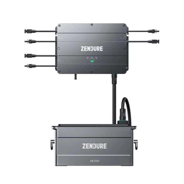 Componenti Zendure per pannelli solari da balcone: Inverter e batteria AB1000 in grigio.