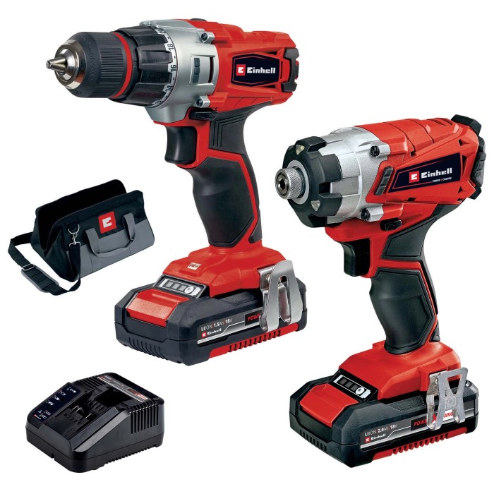 Set avvitatore a impulsi e trapano avvitatore a batteria Einhell con caricabatterie e borsa.