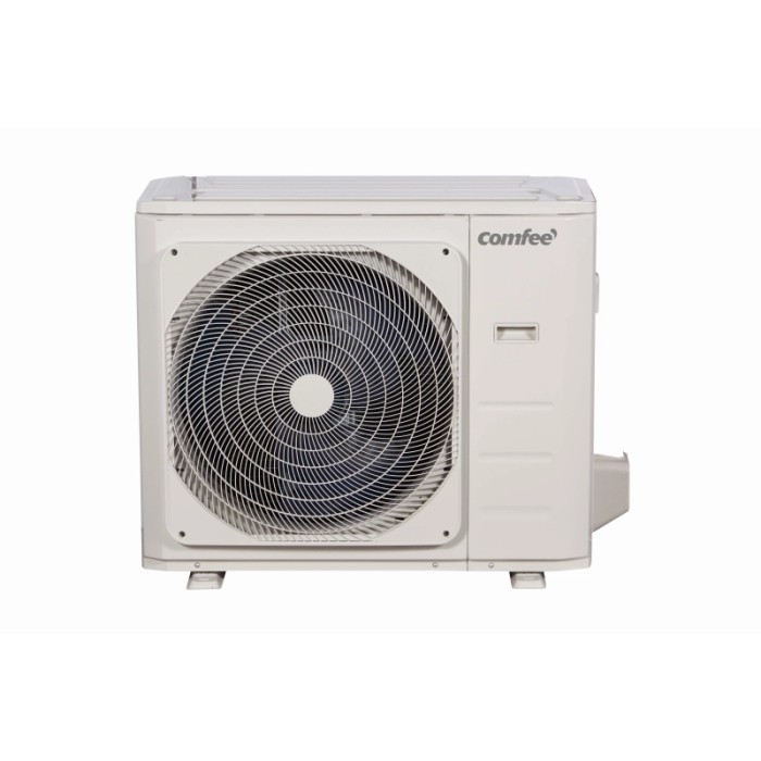 Unità esterna bianca del condizionatore Comfee con griglia del ventilatore.