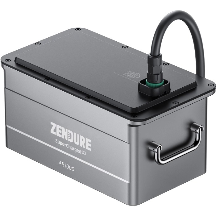 Batteria Zendure SolarFlow AB1000 (960 Wh) per impianti fotovoltaici da balcone, custodia grigia con maniglia e cavo.