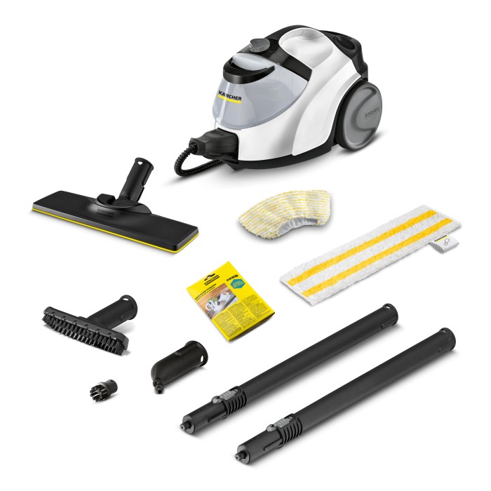 Pulitore a vapore Kärcher SC 5 EasyFix Iron Plug con accessori come ugelli, spazzole e panni per pavimenti.