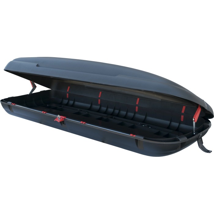 Box da tetto nera aperta per portapacchi auto, accessorio per il trasporto.