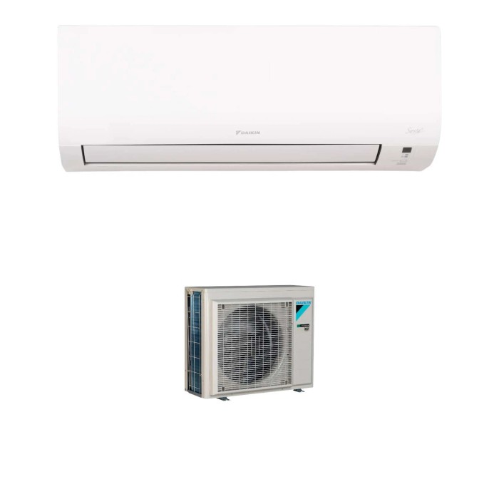 Climatizzatore t.b.t. bianco con unità interna ed esterna per un clima confortevole.