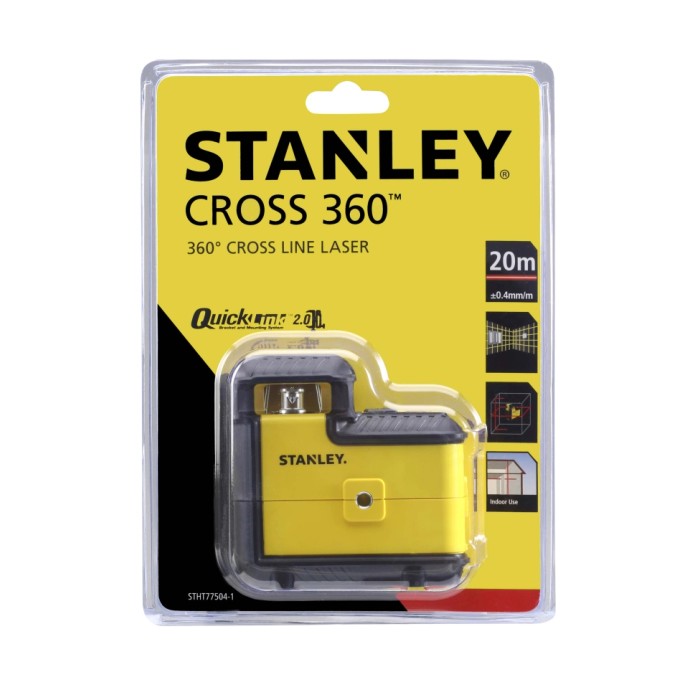 Livella laser a linee Stanley Cross 360°, giallo/nero, nella confezione. Strumento di misura per un allineamento preciso.