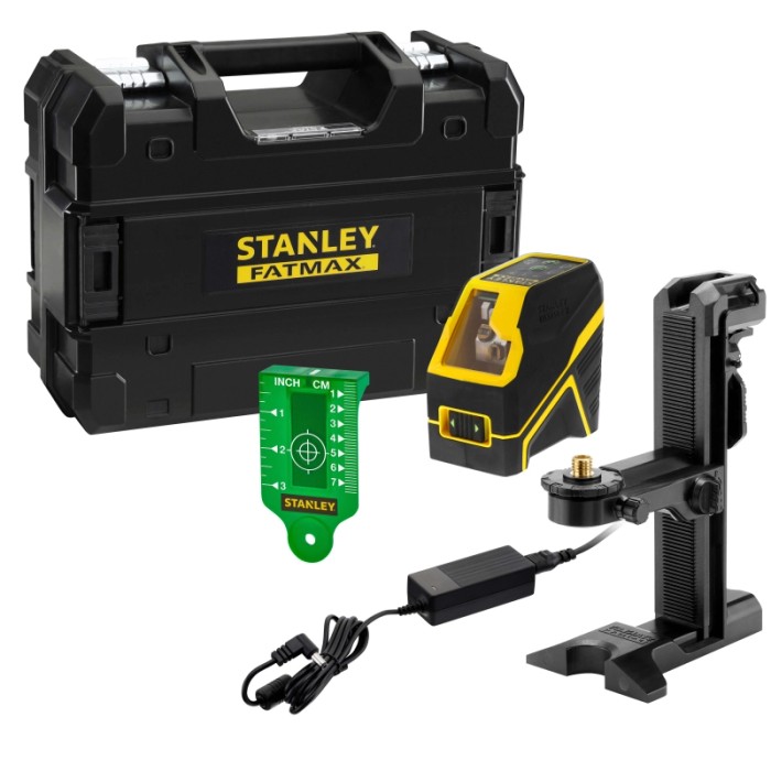 Set laser a linee Stanley Fatmax con custodia, piastra di mira laser, staffa e alimentatore.