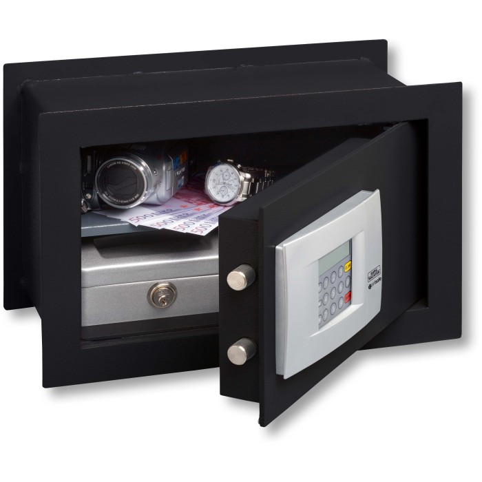 Cassaforte a muro Burg-Wächter Point-Safe PW 3 E aperta, nera, con serratura elettronica.