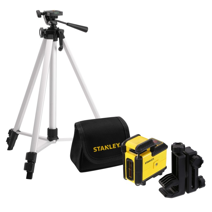 Telemetro laser giallo con treppiede e accessori. Strumento di misura per misurazioni precise.
