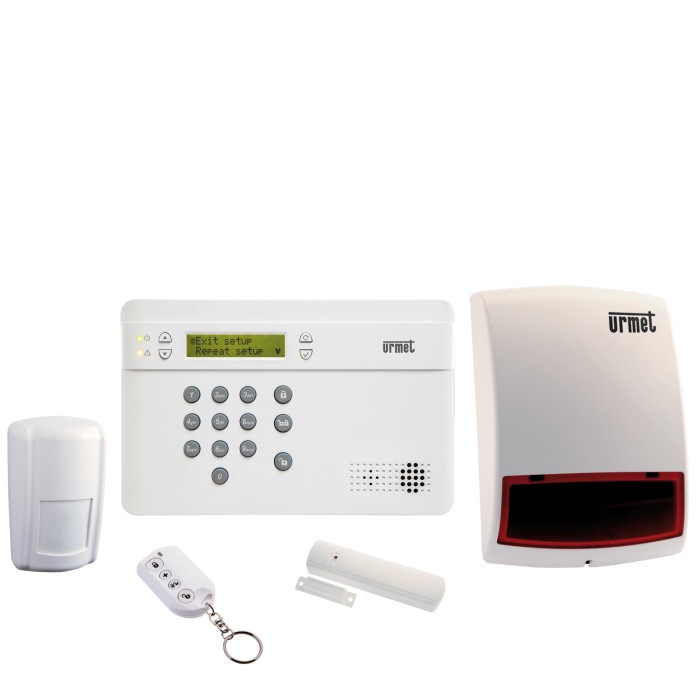 Kit sistema di allarme: centrale, sensore di movimento, telecomando, sensore porta, sirena.