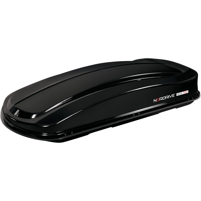 Box da tetto nera per portapacchi auto, accessorio per il trasporto.